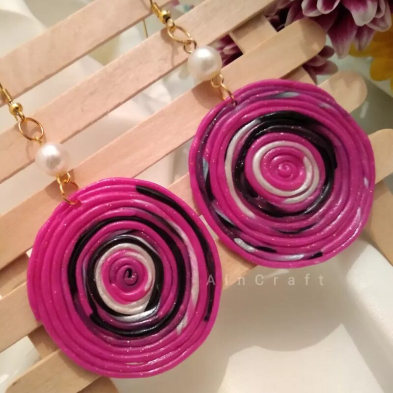 Pink & Black Spiral Round Earrings