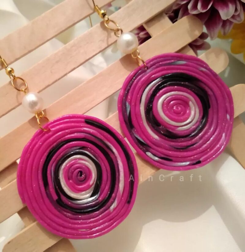 Pink & Black Spiral Round Earrings